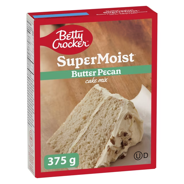 Betty Crocker Super Moist Butter Pecan Cake Mix 375g box, showing the butter pecan cake finished product image