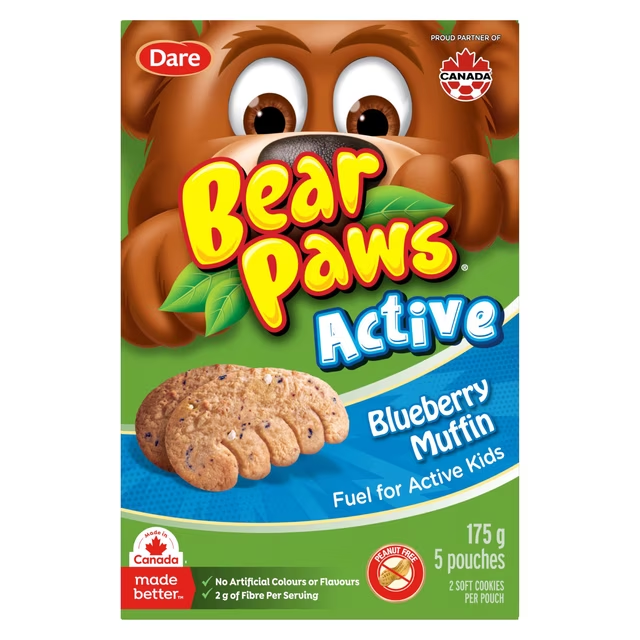 Dare Bear Paws Active Blueberry Muffin Soft Cookies 175g box, showing blueberry muffin cookies and individual pouches