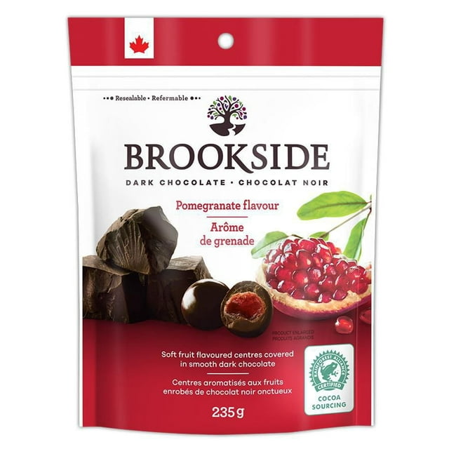 BROOKSIDE Dark Chocolate Pomegranate Flavor 235g packaging, showing the pouch and dark chocolate pieces