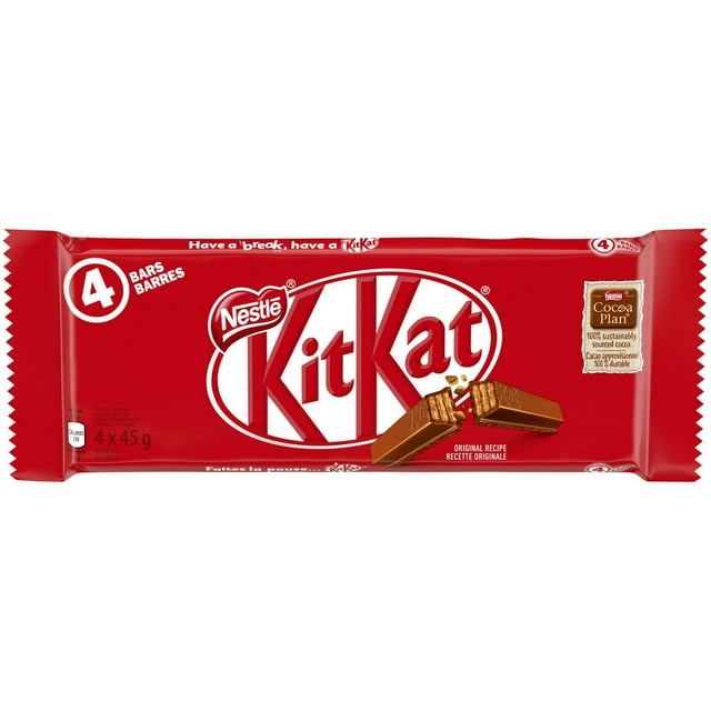 KITKAT Milk Chocolate Wafer Bars pack of 4, showcasing crispy wafer bars coated in smooth milk chocolate