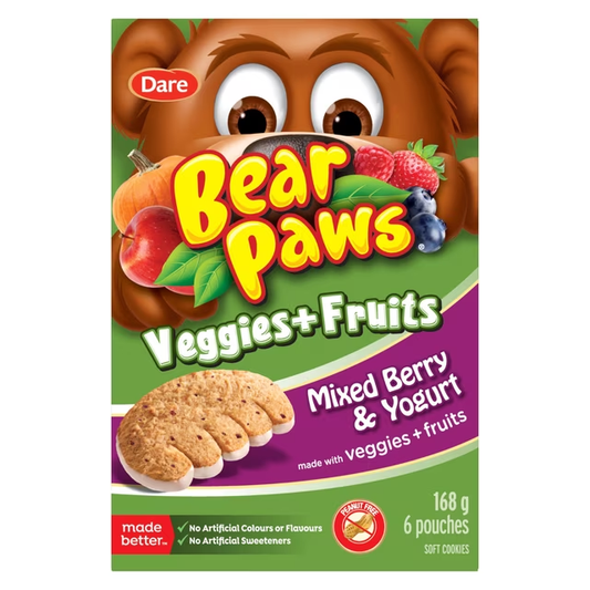 Dare Bear Paws Mixed Berry & Yogurt Soft Cookies 168g box, showing mixed berry soft cookies and individual pouches