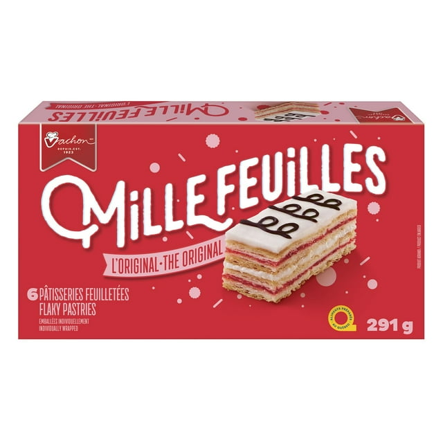 Vachon Mille Feuilles Original Flaky Pastries 291g box, showcasing layered pastries with creamy filling and chocolate drizzle.
