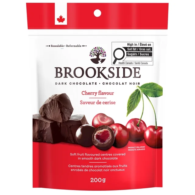 BROOKSIDE Dark Chocolate Cherry Flavour Bites 200g pouch, showing the packaging and dark chocolate sphere candies