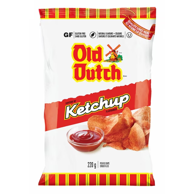 Old Dutch Ketchup Potato Chips 220g bag, showcasing the vibrant packaging and crispy texture of the chips