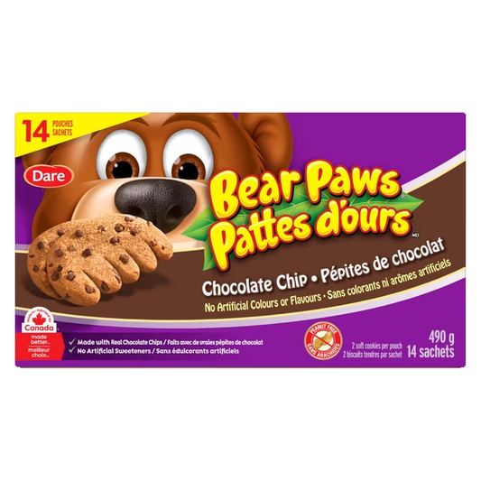 Dare Bear Paws Chocolate Chip Soft Cookies Family Pack 490g box, showing soft cookies and 14 individual pouches