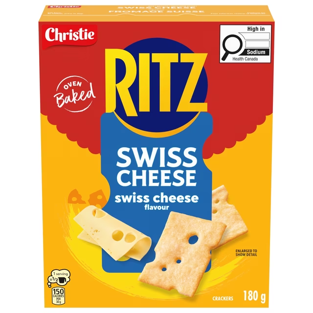 RITZ Swiss Cheese Crackers 180g box, showing the blue packaging and golden round crackers