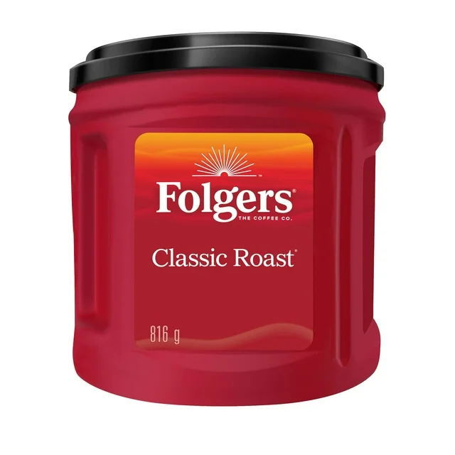 Folgers Classic Medium Roast Ground Coffee 816g canister, showing the classic red packaging and ground coffee