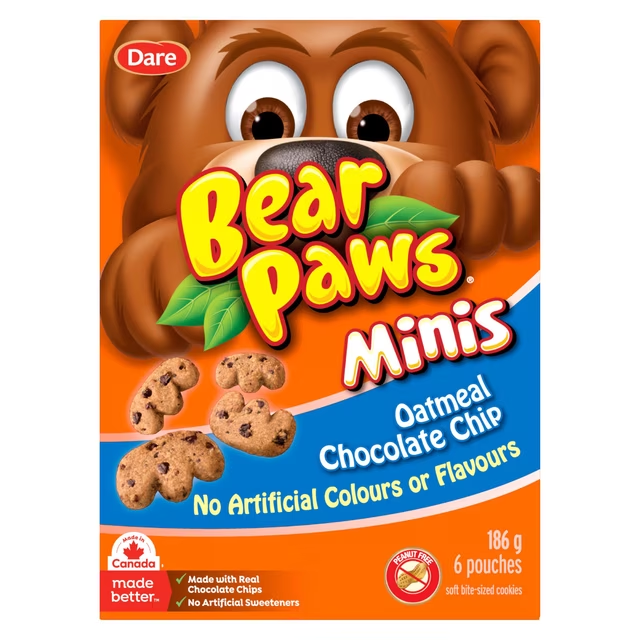 Dare Bear Paws Mini Oatmeal Chocolate Chip Soft Cookies 186g box, showing mini oatmeal cookies and individual pouches